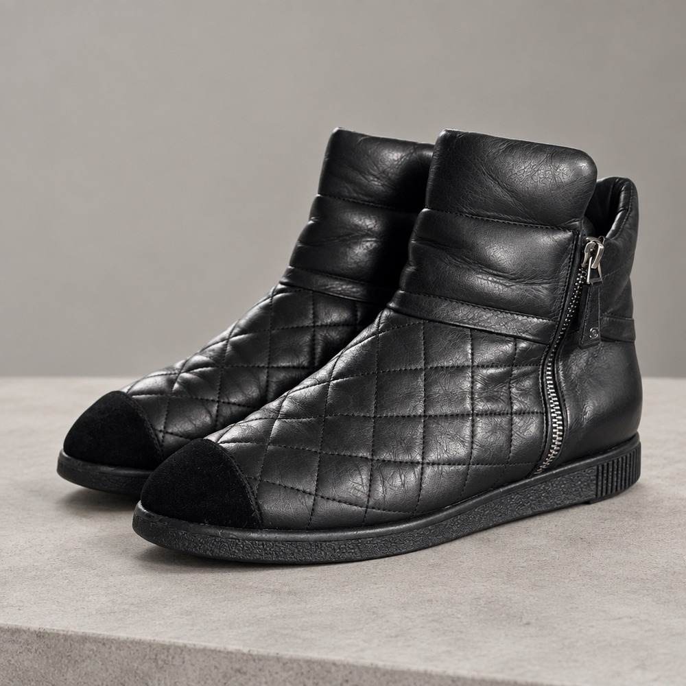 Chanel Black Quilted Leather Velvet Cap Toe Zip Mismatched Sizes R37.5 L38.5